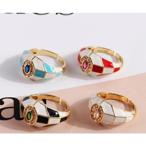 2021 New Colorful Zirconia Crystal Geometry Ring Retro Dripping Oil Enamel Grid Metal Opening Ring for Women Girls Party Jewelry