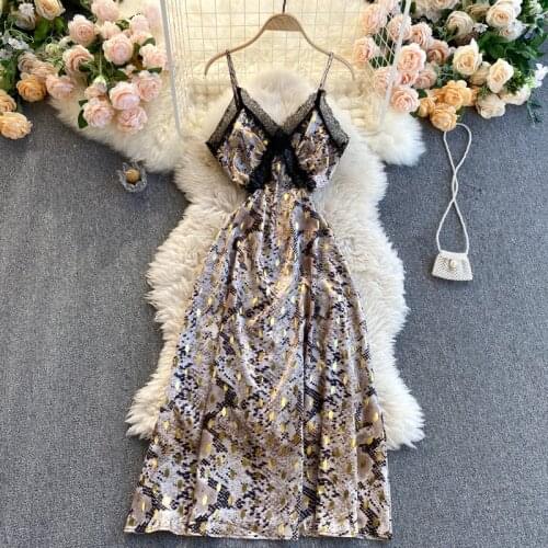 SINGREINY Women Design Print Strap Dress Splice Lace V Neck Backless A-line Dresses Summer Elegant Sexy Off Shoulder Party Dress