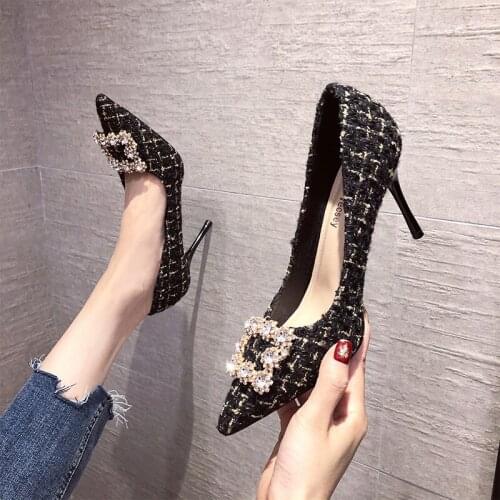 2021 fashion goddess diamond new high heeled shoes thin heel French girls pointed square button party shoes shoes