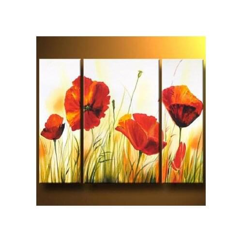 3 piece Hand Painted Poppy Flowers On Meadow-Modern Canvas Art Wall Decor-Floral Oil Painting Wall Pictures for living Rooms