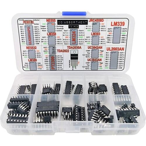 IC Assortment Box 75 pcs, PC817c, NE555, LM358, LM324, JRC4558D, LM393, LM339, NE5532, LM386, PT2399, TDA2822, TDA2030A, UC3842A