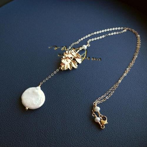 Lii Ji Baroque Pearl 14K Gold Filled Chain Necklace Gold Color Leaf Charm Womens Pendant Necklaces Jewelry For Gift