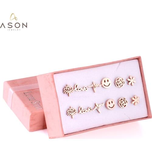 ASONSTEEL Small Earrings Trendy Jewelry Rose Gold Color Flower Tree Smile Letter 6pairs/Box Stainless Steel Earrings Sets Party