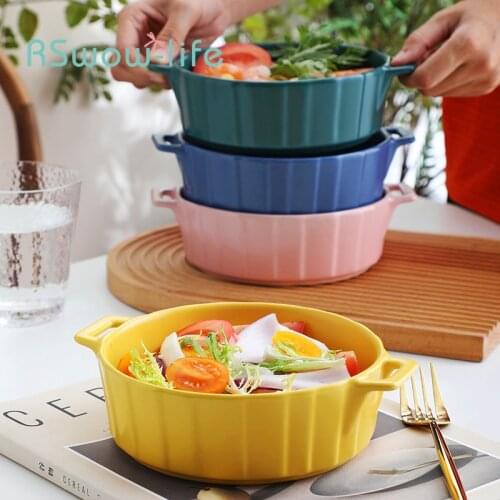 Striped Baking Bowl Creative Matte Color Glaze Double Ear Bowl Ceramic Salad Bowl Home Anti-scalding Breakfast Noodle Bowl