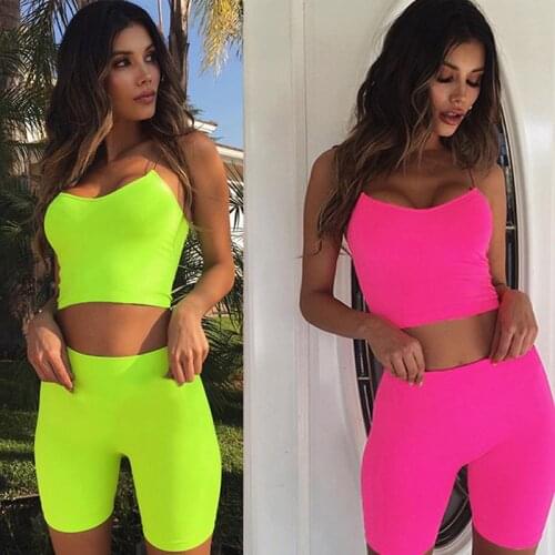 2020 Fashion Women 2pcs/Set Fluorescent Color Sports/Gym/Run Jogger Elastic Suit Sleeveless Crop Top High Waist Shorts Tracksuit