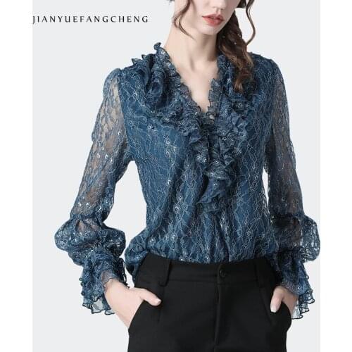 New 2020 Spring Women Lace Blouse Fashion Ruffled V-Neck Lantern Sleeve Top Seethrough Hollow Out Floral Plus Size Casual Blouse