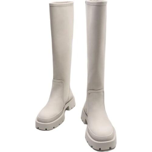 2021 New Womens Shoes Cream White Concise All-match Flat Winter Knee-over Boots Popular Models