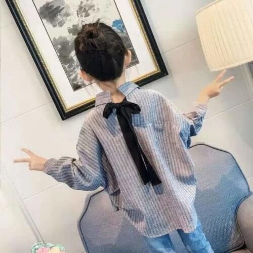 4-15 Years Kids Plaid Cotton Long Sleeve Striped Shirt Teenage Girls Big Bow Blouse Toddler Little Girls Casual Top Clothes