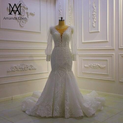 Lolita dress Puffy Sleeve Lace Appliqued Mermaid Beach Wedding Dress