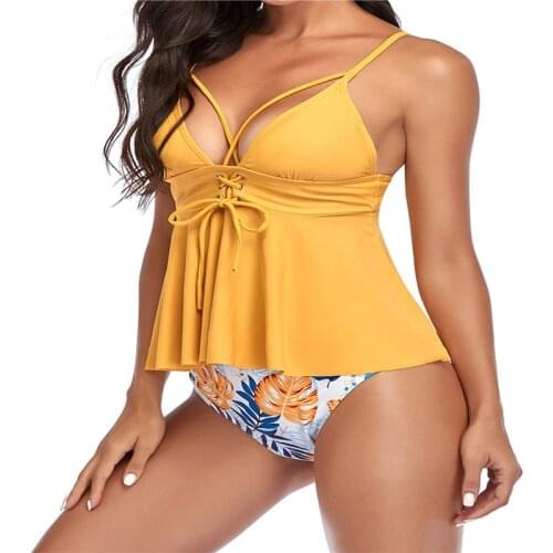Womens Two Piece Swimsuit, Solid Color Lace Up Tankini Set High Waist Floral Pantie for Female Vestidos De Playa Para Mujer