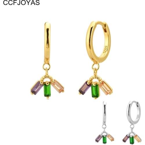 CCFJOYAS 8.5mm 925 Sterling Silver Three Rainbow Rectangle Zircon Drop Earring for Women Simple Round Piercing Pendant Jewelry
