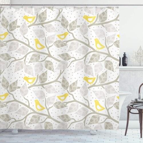 Grey Shower Curtain Birds on The Branch with Pastel Leaves on Dotted Background Nature Art Bathroom Decor Set with Hooks 70"