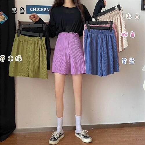 Summer New High Waist Solid Color Shorts Female Korean Version of Harajuku Casual Pleated Loose Wide Leg Elastic Shorts