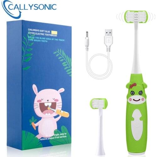 CALLYSONIC 5 Mode Sonic Electric Toothbrush Cartoon Kids Three-Side USB Rechargeable 3D Ultrasonic U-Shaped Teeth Cleaning Brush