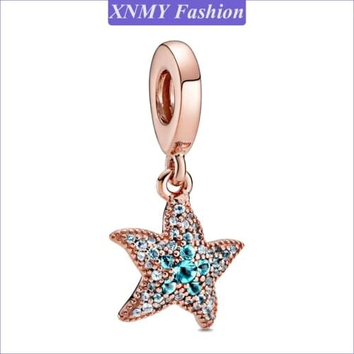 XNMY Summer Rose Gold Color Beads Sparkling Starfish Dangle Charms Fit Original European Pandora Bracelets Women DIY Jewelry
