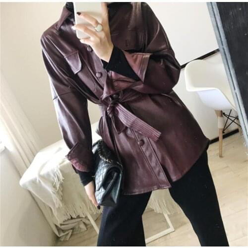 2020 autumn winter Fashion Loose Pocket PU Leather Women Jacket Fashion Long Sleeve Casual wine red Long Coat
