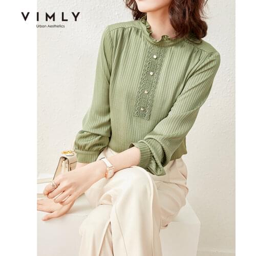 VIMLY Office Lady Chiffon Blouse Fashion Stand Collar Solid Buttons Shirt Elegant Full Sleeve Loose Pullover Female Tops F6739