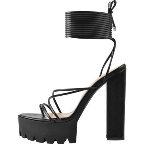 Richealnana Womens Balck Open Ring Toe Ankle Wrap Gear Platform Block High Heel Sandals Criss Cross Slingback Summer Shoes