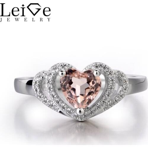 Leige Jewelry Natural Pink Morganite Ring Mothers Day Lovely Gifts Heart Cut Prong Setting 925 Sterling Silver Gemstone