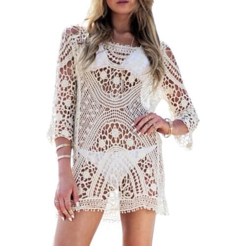 Women Lace Swimsuit 3/4 Sleeve Hollow Crochet Beach Bikini Cover Up Tops Swimwear Summer Beach Dress White Beach Shirt
