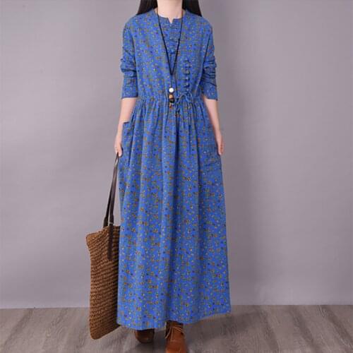 2021 new long dress women small floral blue casual dresses lace-up thin long-sleeved temperament dress women plus size XXL