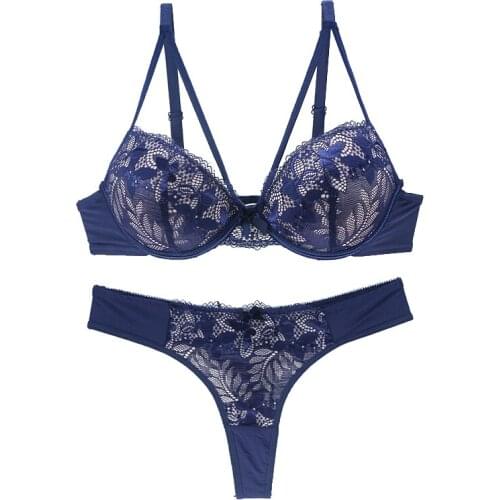 2021 Sexy Bra Thong Panty Set Half Cup Bras Lace Embroidery Thong G-string Underwear Women Brassiere Sexy Lingerie