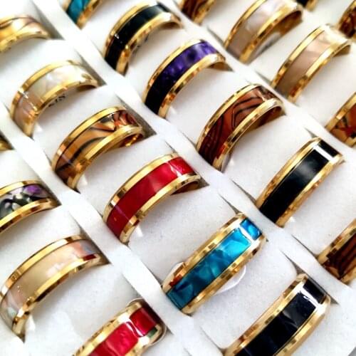 36pcs Gold Mix 8mm Men Women Colorful Shell 316L Stainless Steel Wedding Rings super value deals