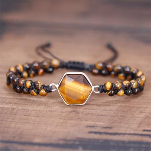 Unisex Tigers Eye Hexagon Charm Beads Braided Bracelet Gypsy Healing Natural Stone Macrame Bracelet Women Jewelry Dropshipping