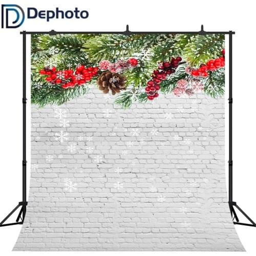 Dephoto Christmas Photography Backdrop White Brick Wall Snowflake Beautiful Christmas Tree Branch Decoration Photo Background