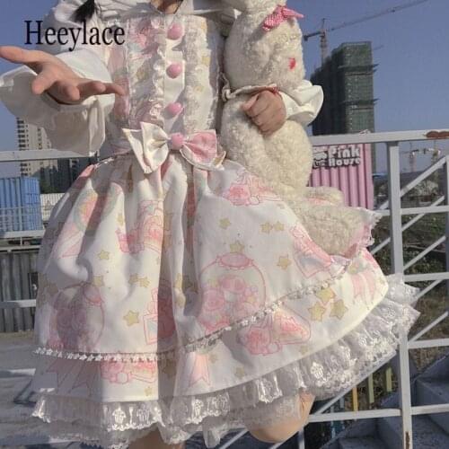 Japanese Sweet Kawaii Jsk Lolita Dress Women Vintage Victorian Gothic Cartoon Sleeveless Bow Lace Princess Tea Party Dresses