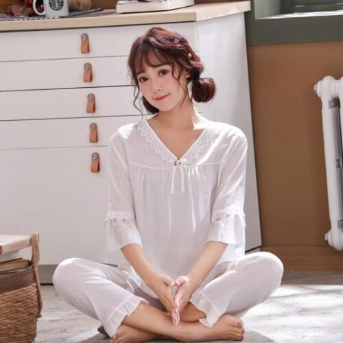 Sweet princess Style Summer New Female Pajamas Set Sleepwear Women Solid Pyjamas Suit Casual Loose Nightwear Thin Home Wear