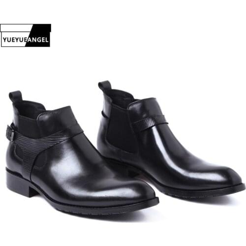 Men Chelsea Boots Genuine Leather Black Pointed Toe Luxury Fashion Buckle Business Office Formal Ankle Boots Motor Biker Shoes