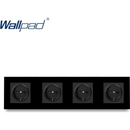 Quadruple EU Wall Socket Wallpad Black Glass Panel 344*86mm 16A 4 Way EU Power Outlet Port Electrical Charger 110V-240V