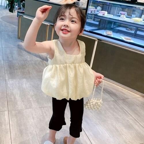 Lantern Style Solid Girl Blouse Summer New Sweet Style 2021 Princess Back Bow Kids Children Clothing Outwear Tops