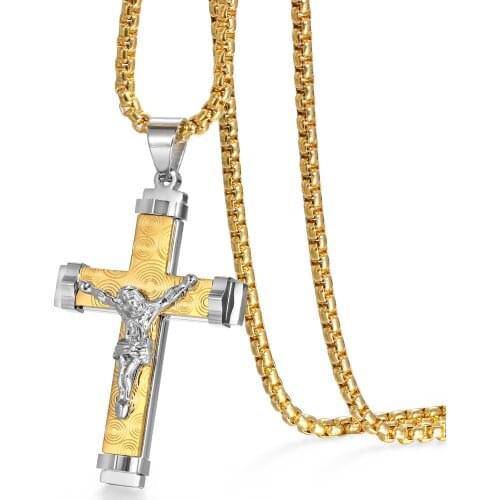 BONISKISS Jesus Cross Silver Color Necklaces Men Women Pendant Stainless Steel Long Chain Necklace Men Christian Jewelry
