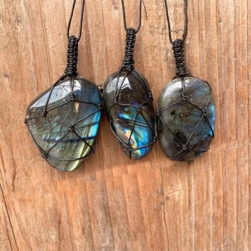 Woven sweater chain natural stone crystal moonlight paraffin rope necklace elongated stone hand