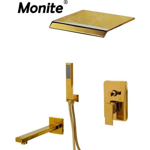 Luxury Golden Plated Wall Mounted Hand Shower Faucet Bathroom Bathtub Brass Faucet Mixer Taps Golden Waterfall Shower Head Set