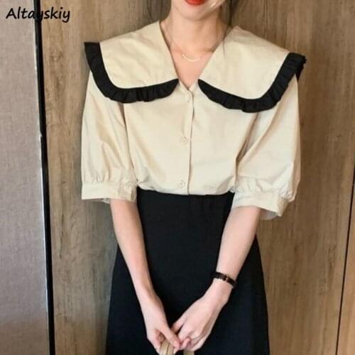 Shirts Women Lantern Sleeve Kawaii Peter Pan Collar Solid Straight Summer All-match Comfortable Streetwear Baggy Elegant Trendy