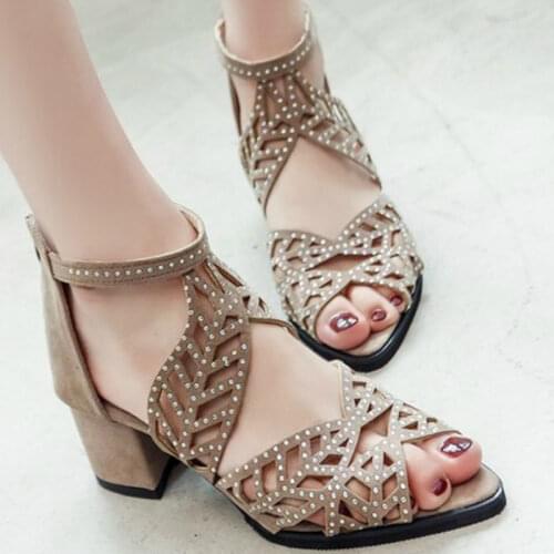 Gladiator Women Sandals Chunky High Heel Platform Crystal Peep Toe Hollow Out Casual Flock Female Ladies Shoes Zapatos De Mujer
