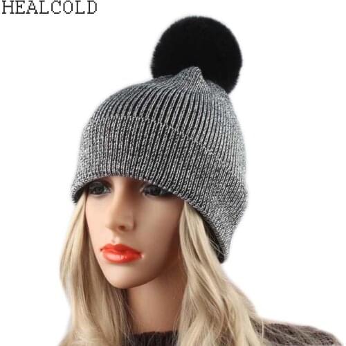 Silver Glitter Knitted Wool Beanies Winter Warm Hats For Women Casual Female Cap Skullies Pompom Hat gorro