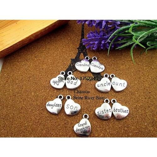12pcs 18*15mm silver heart Charms,dad,mom,son,daughter,sister,broher,uncle,aunt,grandma,grandpa,granddaughter charm Pendant