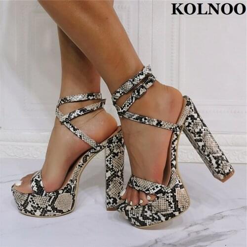 Kolnoo New Designed Handmade Womens Chunky Heels Sandals Faux Snake Leather Cross Buckle Strap Shoes Evening Fashion Party Shoes