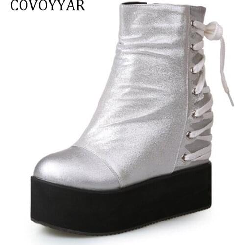 COVOYYAR 2019 Hidden Wedges Ankle Boots Fashion Platform Side Zip Women Boots Back Cross Tied Black/Silver Shoes WBS1121