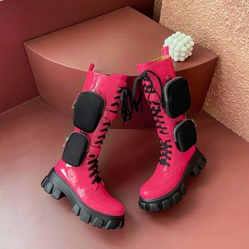 OLOMLB Womens Round Toe Mid Calf Boots Belt Purse Pocket Lace Up Shoes Platform Chunky Heel Punk Motorcycle Plus Size 34-43