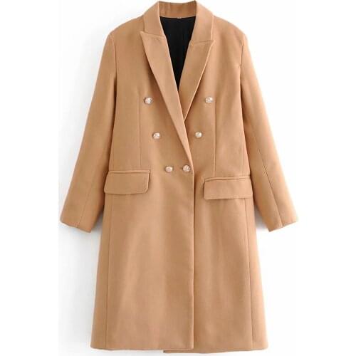 ZA New Autumn Women Blazer Double Breasted Long Jacket Slim Outwear Elegant Overcoat OL Suits Coat Female Woolen Overcoat
