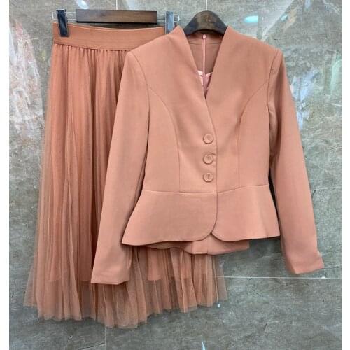 Top Quality Designer Womens Set 2021 Autumn Winter Ladies V-Neck Single Breasted Blazer Jackets+Long Pleated Skirt Sets Female