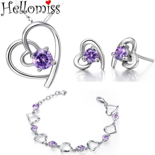 Silver 925 Jewelry Sets for Women Love Heart Pendant Necklace Earring Bracelet Cubic Zirconia Jewelry Set Valentines Day Gifts
