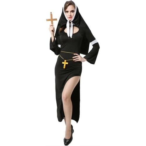 Adult Nuns Halloween Costume Cosplay Sexy Side Split Jesus Christ Female Missionary Priestess Cross Maria Nuns Fancy Uniforms