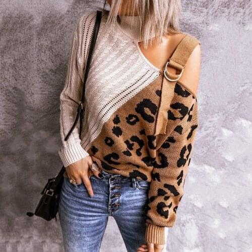 Women Leopard Patchwork Turtleneck One Shoulder Sweater Twist Knitted Pullover sweaters for women fashion winter