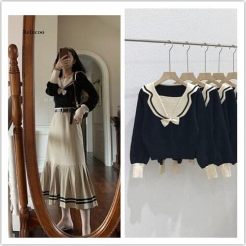 Vintage Sailor Collar Knitted Sweater Women Autumn Elegant Casual Long Sleeve Preppy style Knitting Jumpers Ladies Sweater Tops